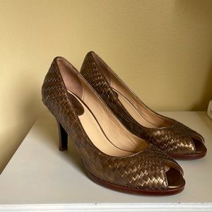 Cole Haan woven bronze peep-toe heels